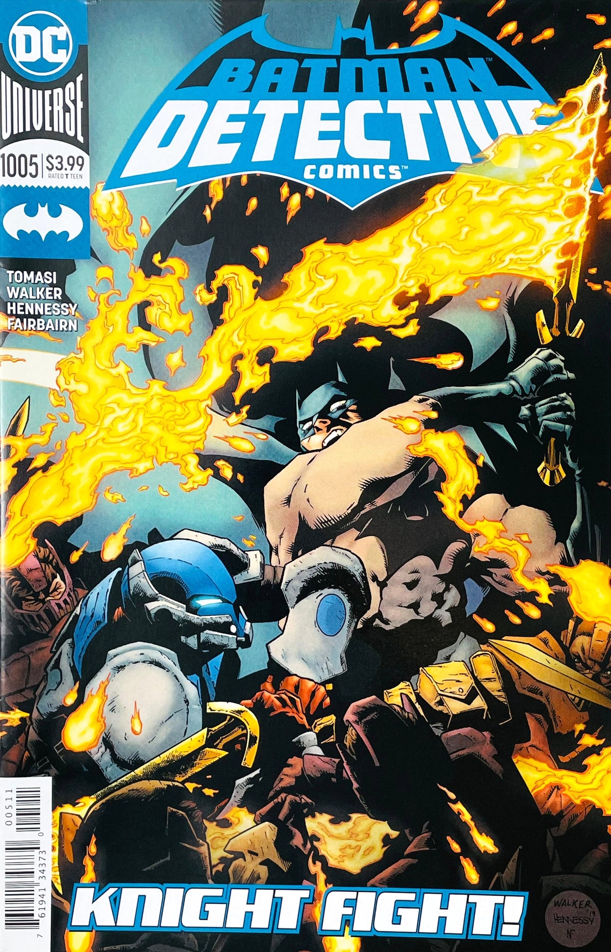 Detective Comics issue 1005 comic book published by DC Comics featuring Brad Walker cover art of Batman wielding a flaming sword fighting Arkham Knight.