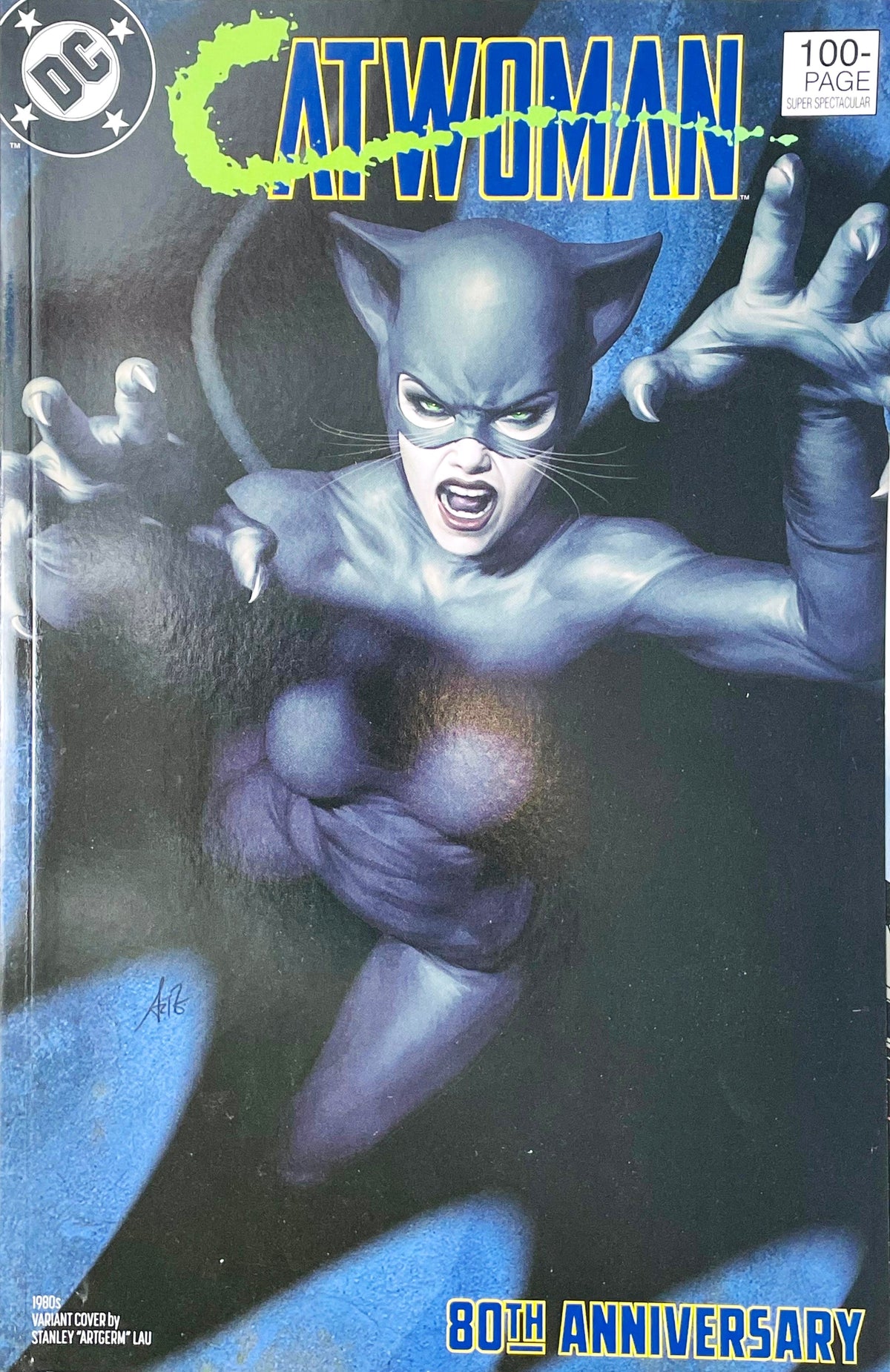 Catwoman 80th Anniversary 100-Page Super Spectacular issue 1 comic book published by DC Comics featuring Stanley Artgerm Lau 1980s variant cover art of Catwoman leaping with claws out.