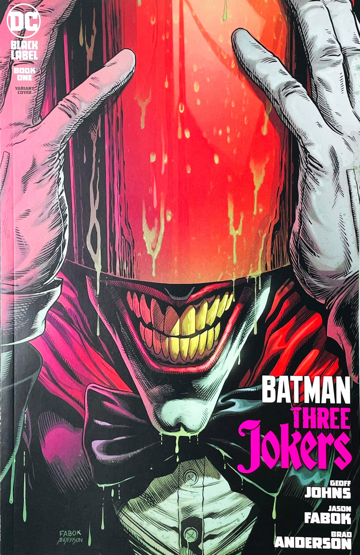 Batman Three Jokers issue 1 comic book published by DC Comics Black Label featuring Jason Fabok variant cover art of the Joker wearing the Red Hood helmet.
