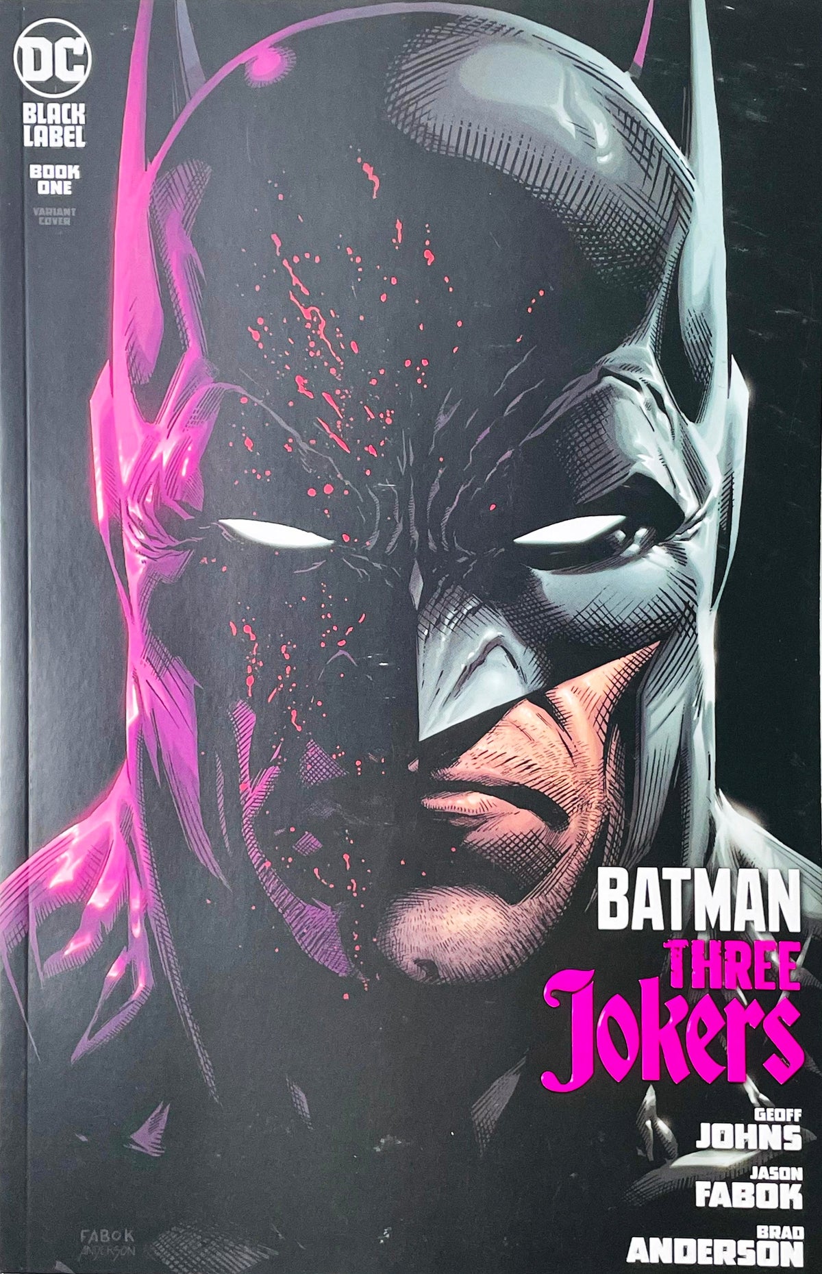 Batman Three Jokers issue 1 comic book published by DC Comics Black Label featuring Jason Fabok variant cover art of Batman in cowl with purple neon lighting.