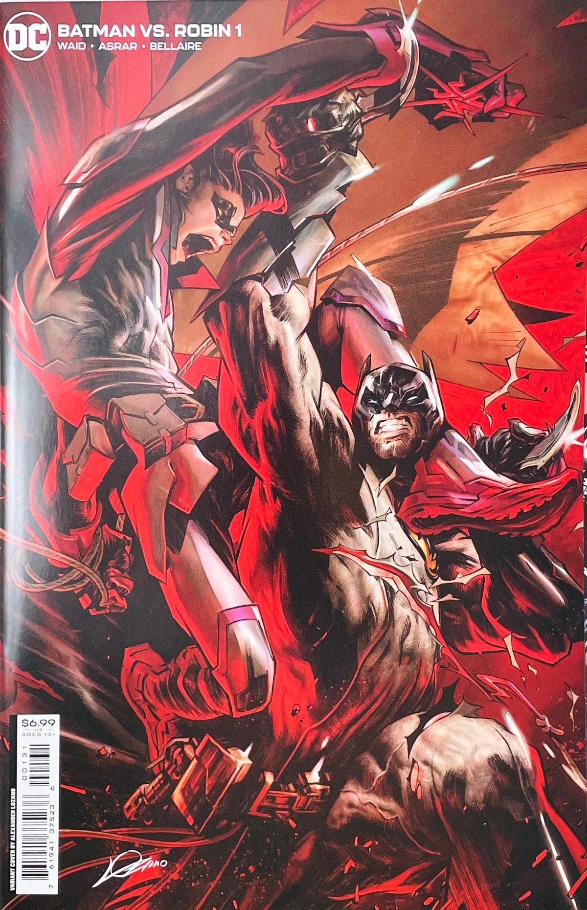 Batman vs Robin issue 1 comic book published by DC Comics featuring Alexander Lozano variant cover art of Damian Wayne battling Batman in mid-air.
