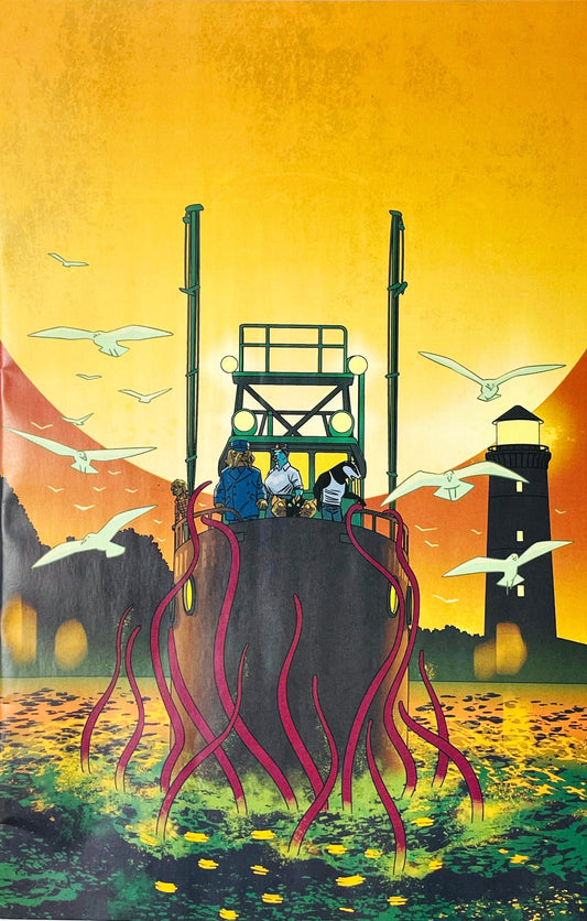 House of Slaughter issue 1 comic book published by BOOM Studios featuring Dustin Nguyen virgin variant cover art of a boat wrapped in tentacles near a lighthouse under an orange sky.