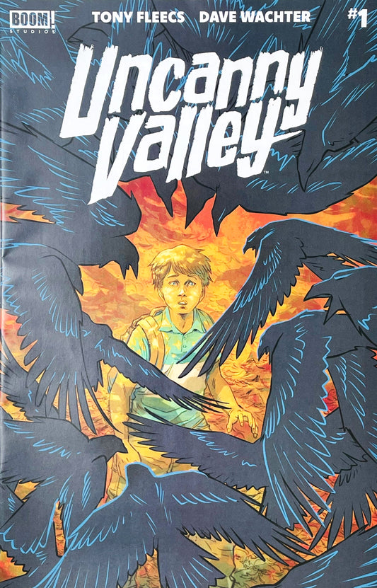 Uncanny Valley issue 1 comic book published by BOOM Studios featuring Dave Wachter cover art of a young boy surrounded by a swarm of dark birds against an orange background.