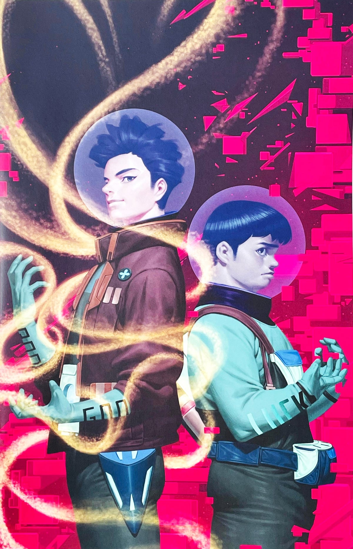 Uncanny Valley issue 1 comic book published by BOOM Studios featuring InHyuk Lee virgin variant cover art of two sci-fi characters in bubble helmets against a pink background.