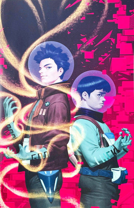 Uncanny Valley issue 1 comic book published by BOOM Studios featuring InHyuk Lee virgin variant cover art of two sci-fi characters in bubble helmets against a pink background.