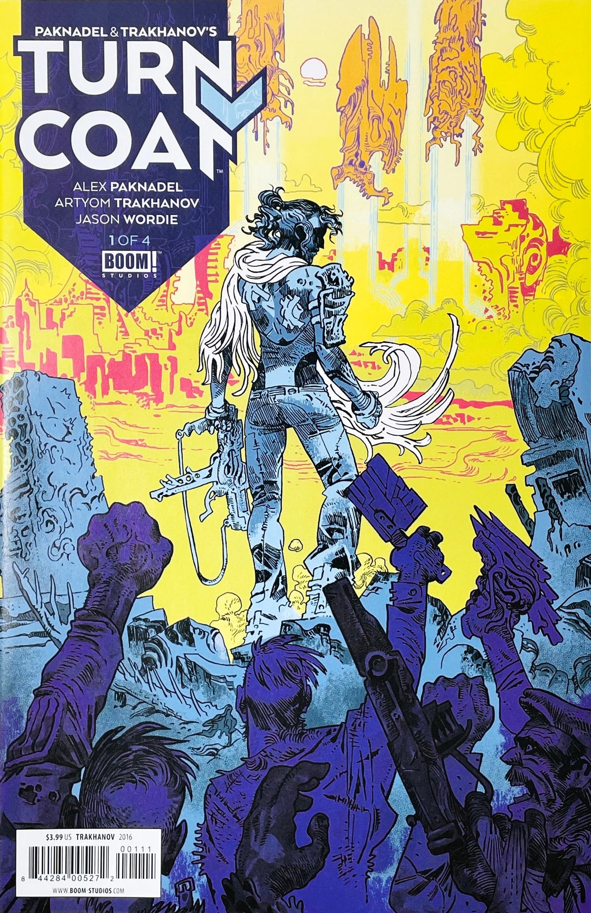 Turncoat issue 1 comic book published by BOOM Studios featuring Artyom Trakhanov cover art of Marta Gonzalez standing before a crowd against alien structures.