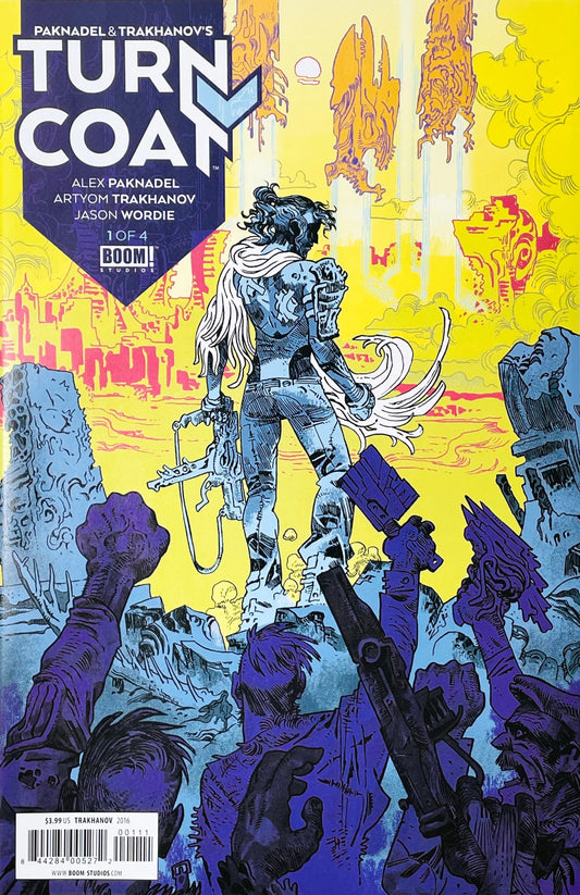 Turncoat issue 1 comic book published by BOOM Studios featuring Artyom Trakhanov cover art of Marta Gonzalez standing before a crowd against alien structures.