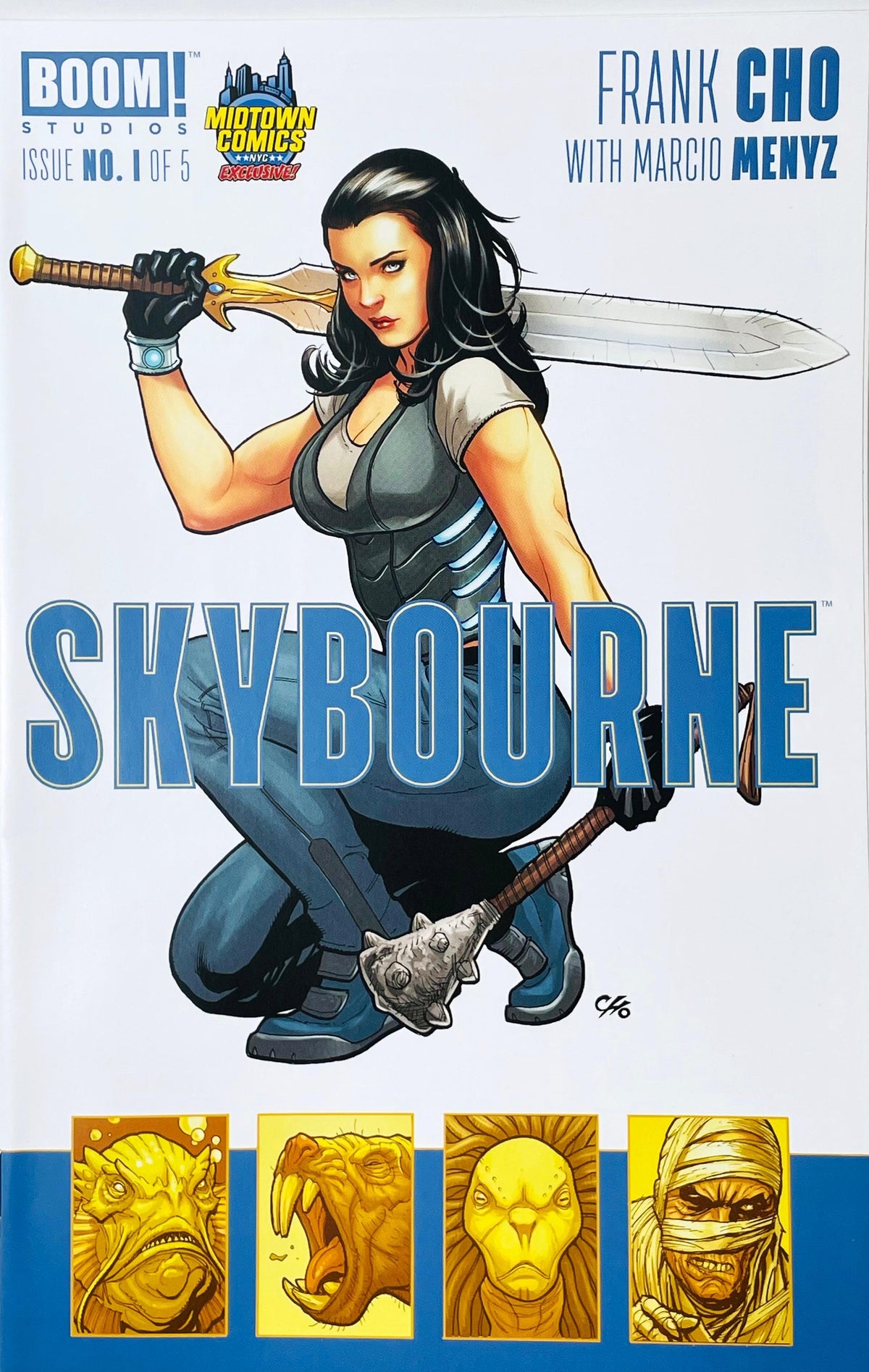 Skybourne issue 1 comic book published by BOOM Studios featuring Frank Cho Midtown Comics exclusive variant cover art of Grace Skybourne wielding a sword and mace.
