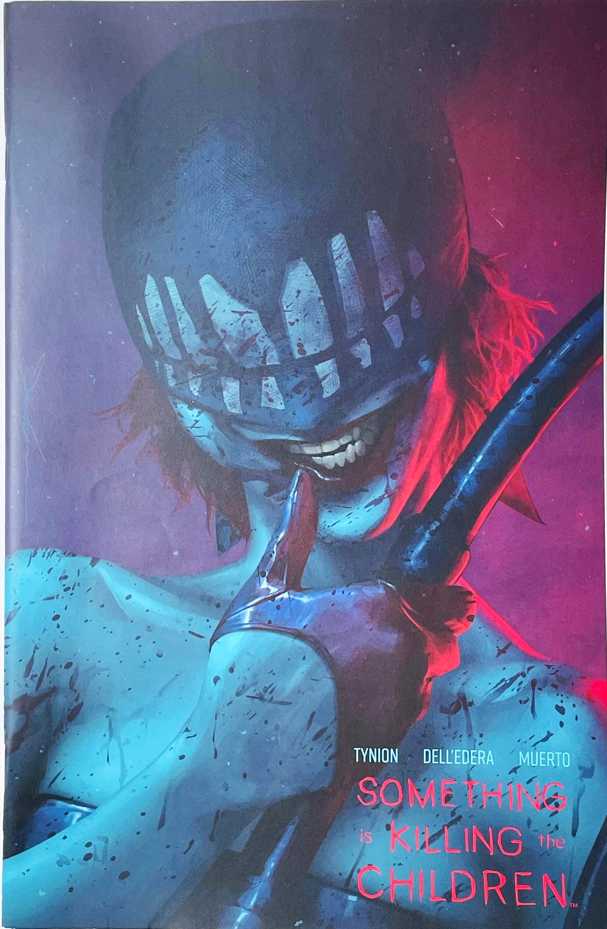 Something Is Killing the Children issue 22 comic book published by BOOM Studios featuring Junggeun Yoon variant cover art of blood-splattered Erica Slaughter wearing a mask with a blade.