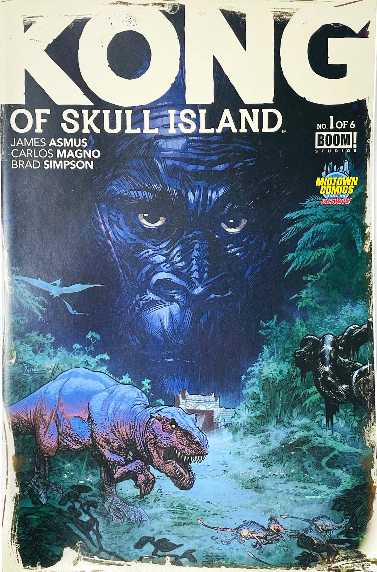 Kong of Skull Island issue 1 comic book published by BOOM Studios featuring Midtown Comics exclusive variant cover art of King Kong towering over a Tyrannosaurus Rex in a jungle.