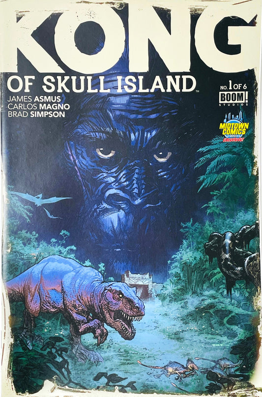 Kong of Skull Island issue 1 comic book published by BOOM Studios featuring Midtown Comics exclusive variant cover art of King Kong towering over a Tyrannosaurus Rex in a jungle.