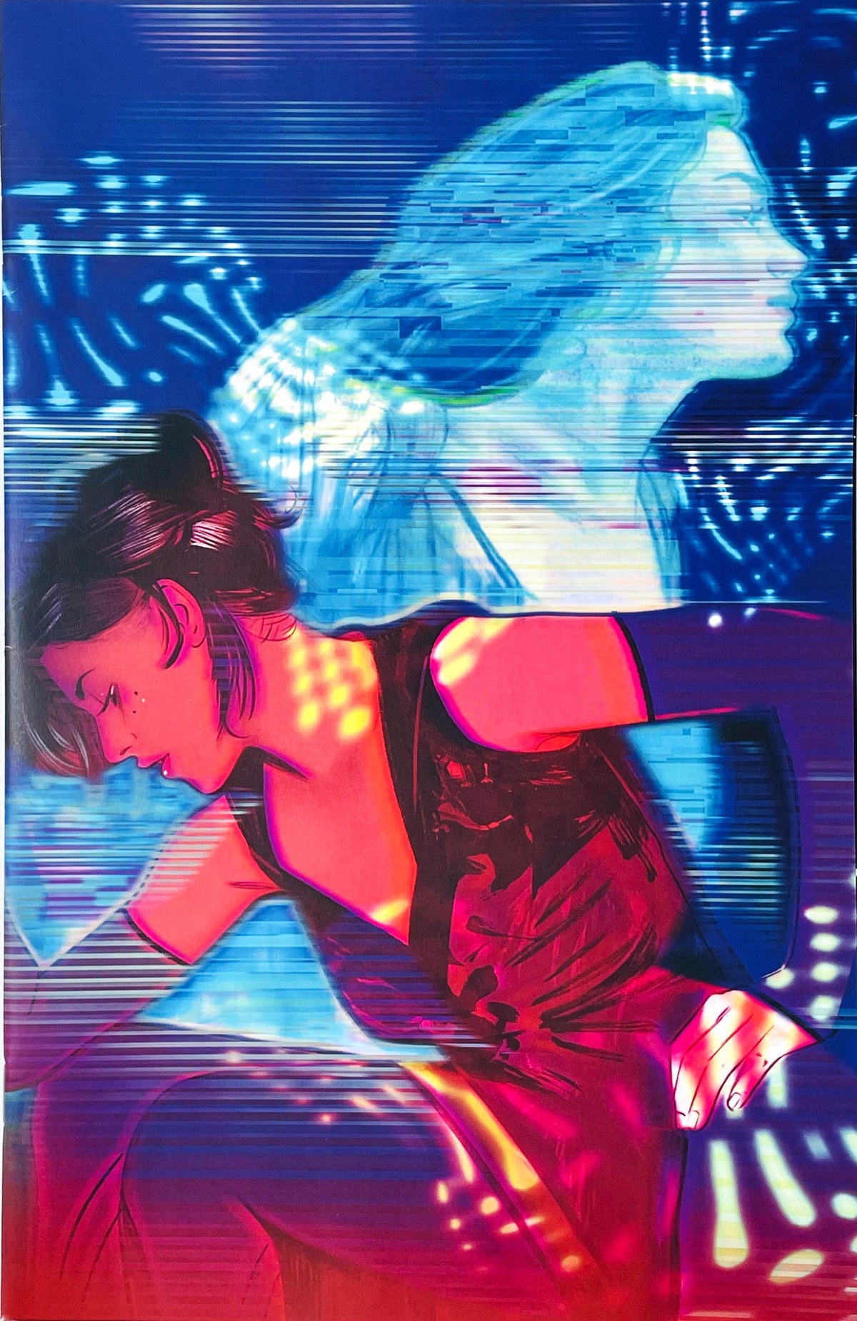 Sirens of the City issue 1 comic book published by BOOM Studios featuring Tula Lotay virgin variant cover art of Layla in magenta light with a blue holographic projection background.