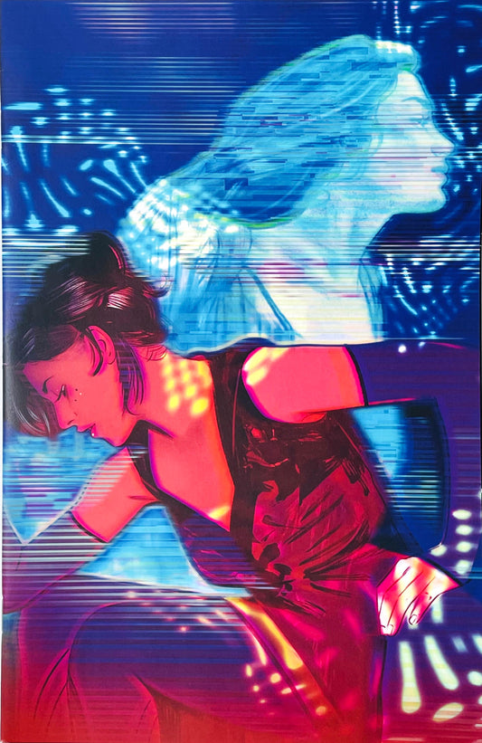 Sirens of the City issue 1 comic book published by BOOM Studios featuring Tula Lotay virgin variant cover art of Layla in magenta light with a blue holographic projection background.