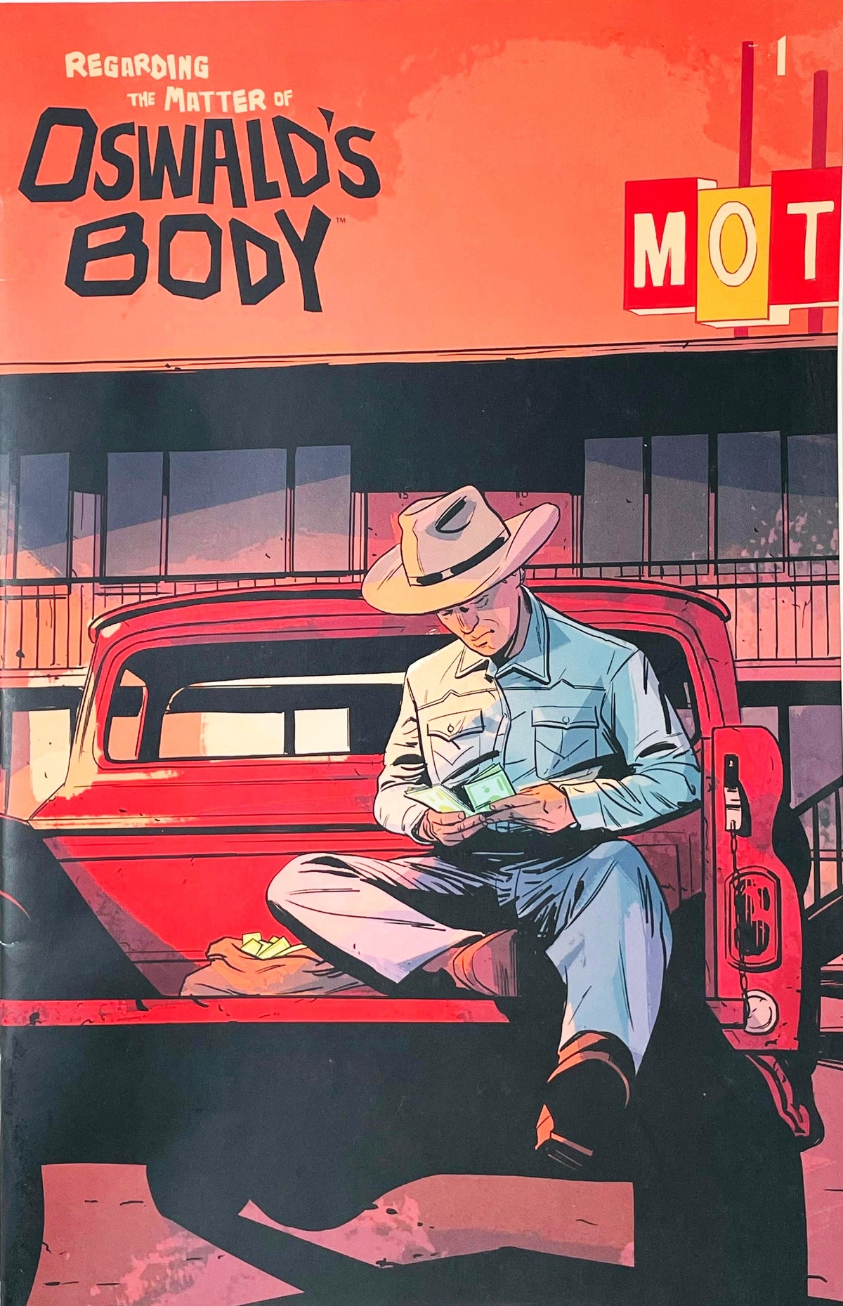 Regarding the Matter of Oswalds Body issue 1 comic book published by BOOM Studios featuring Christopher Mitten cover art of a cowboy counting money on a red pickup truck.