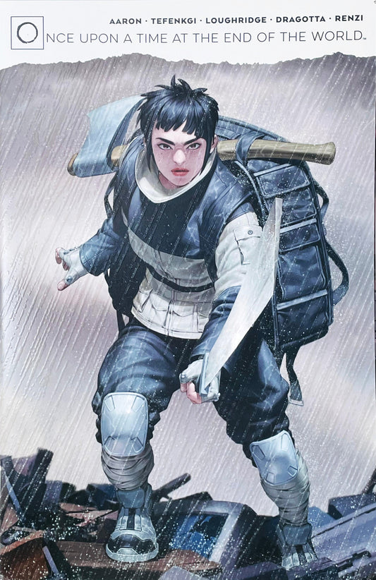 Once Upon a Time at the End of the World issue 1 comic book published by BOOM Studios featuring Junggeun Yoon variant cover art of Mace in tactical gear holding a blade in the rain.