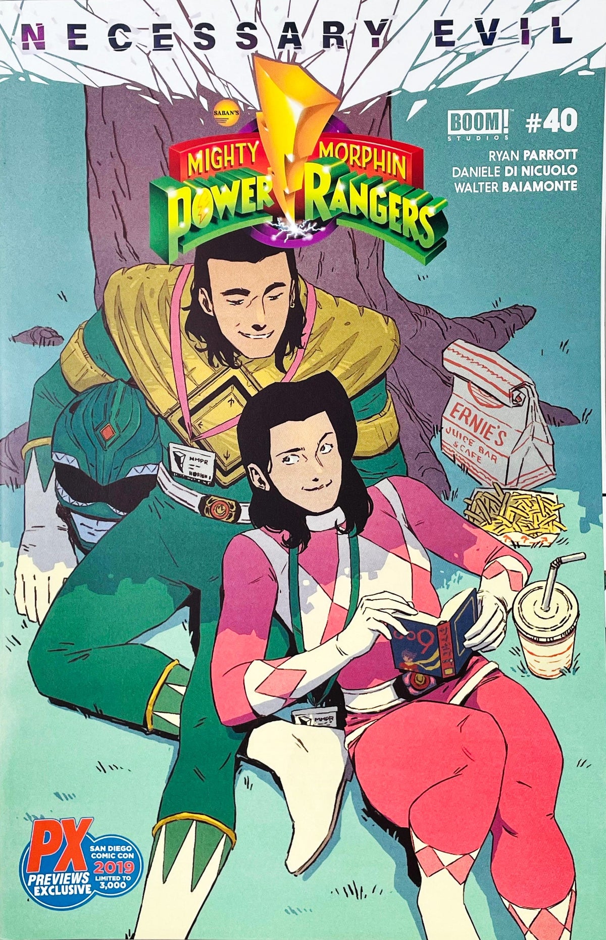 Mighty Morphin Power Rangers issue 40 comic book published by BOOM Studios featuring Kris Anka SDCC 2019 PX exclusive variant cover art of Tommy Oliver and Kimberly Hart having a picnic.