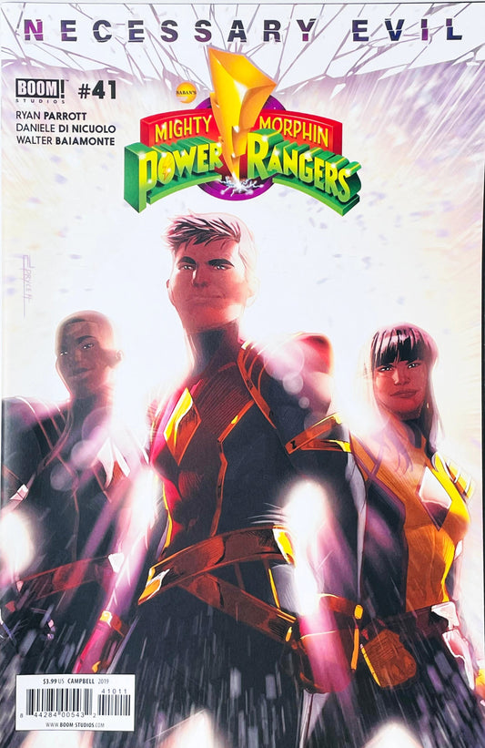 Mighty Morphin Power Rangers issue 41 comic book published by BOOM Studios featuring Jamal Campbell variant cover art of the Omega Rangers Jason Zack and Trini.