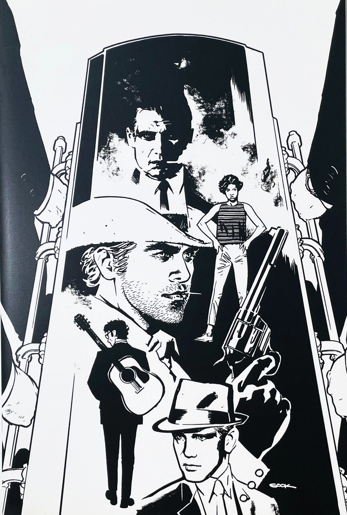 Regarding the Matter of Oswalds Body issue 1 comic book published by BOOM Studios featuring Ryan Sook black and white virgin variant cover art of a noir character collage.