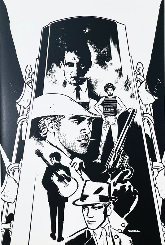 Regarding the Matter of Oswalds Body issue 1 comic book published by BOOM Studios featuring Ryan Sook black and white virgin variant cover art of a noir character collage.