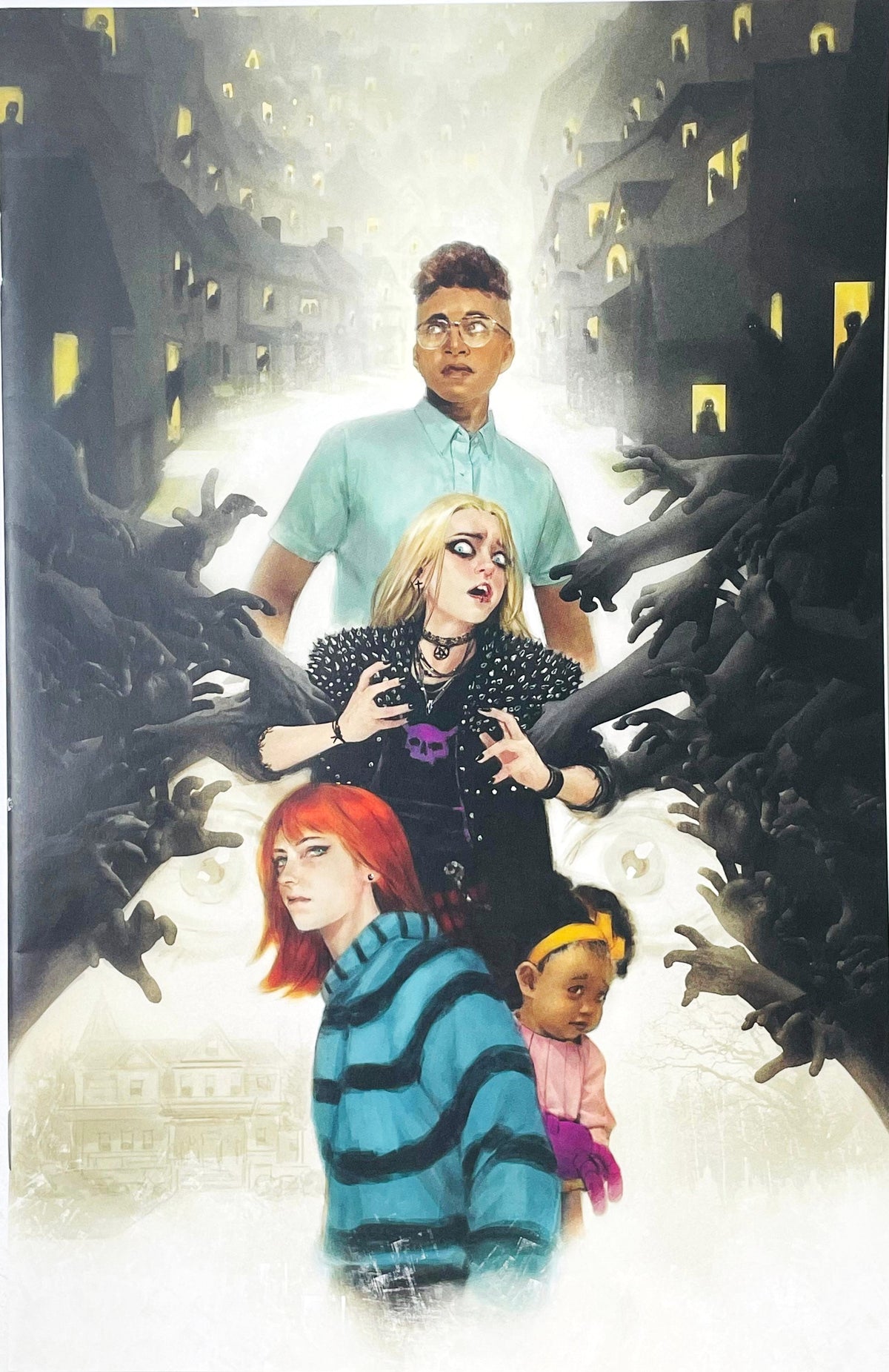 House of Slaughter issue 1 comic book published by BOOM Studios featuring Dustin Nguyen virgin variant cover art of characters surrounded by shadowy monster hands.