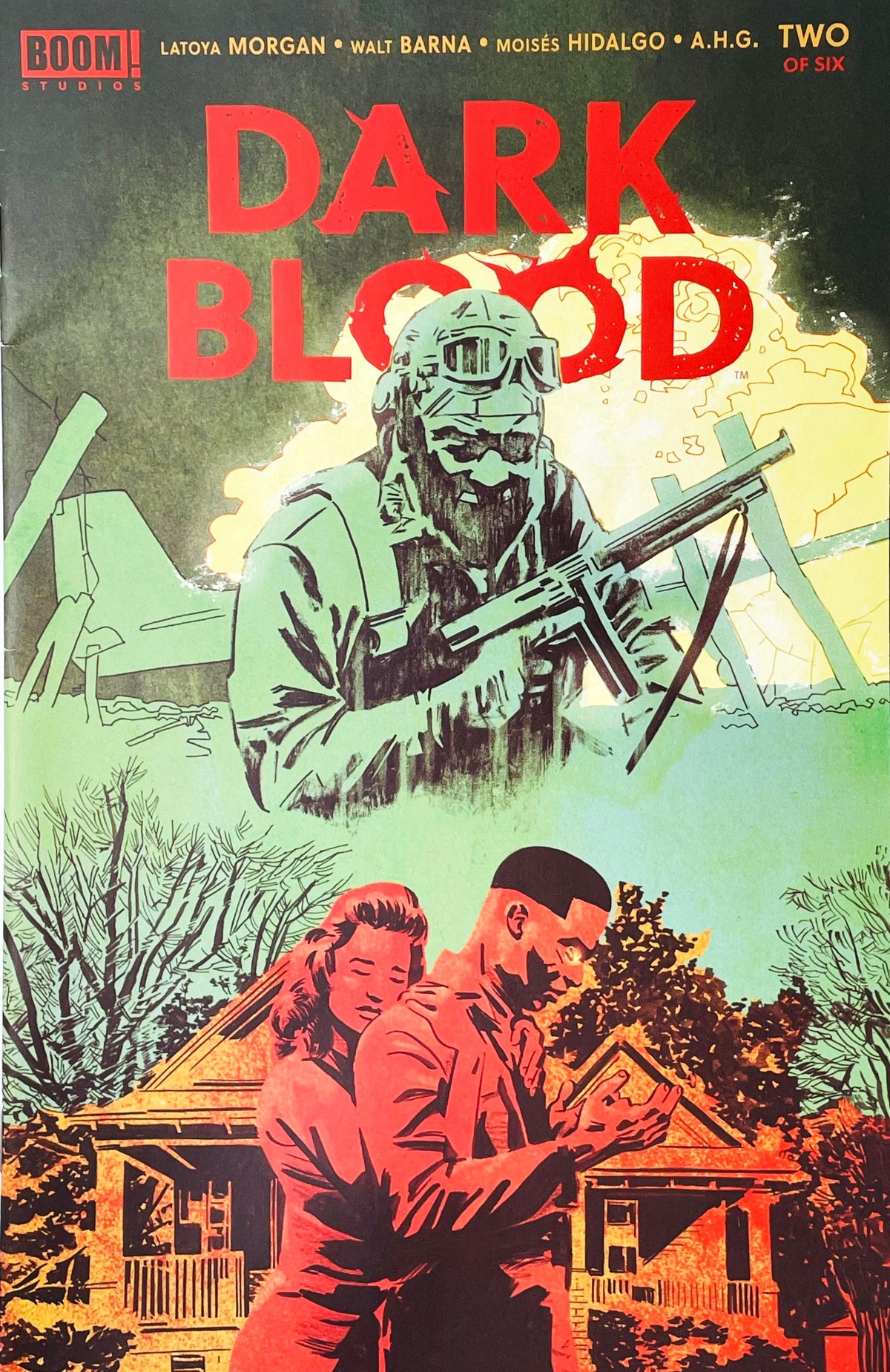 Dark Blood issue 2 comic book published by BOOM Studios featuring Valentine De Landro cover art of a WWII soldier above Avery Aldridge and his wife in front of a house.