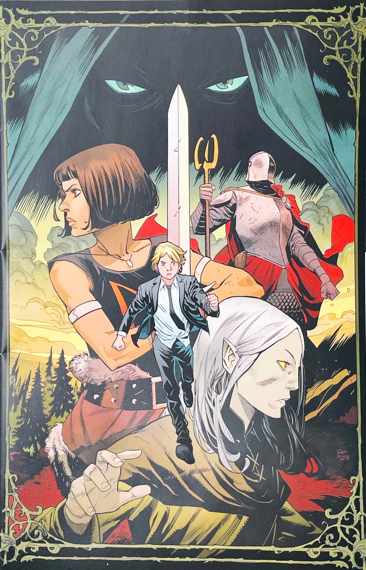 Once and Future issue 1 comic book published by BOOM Studios featuring Dan Mora virgin variant cover art of Duncan McGuire, Bridgette, and Arthurian characters around Excalibur.