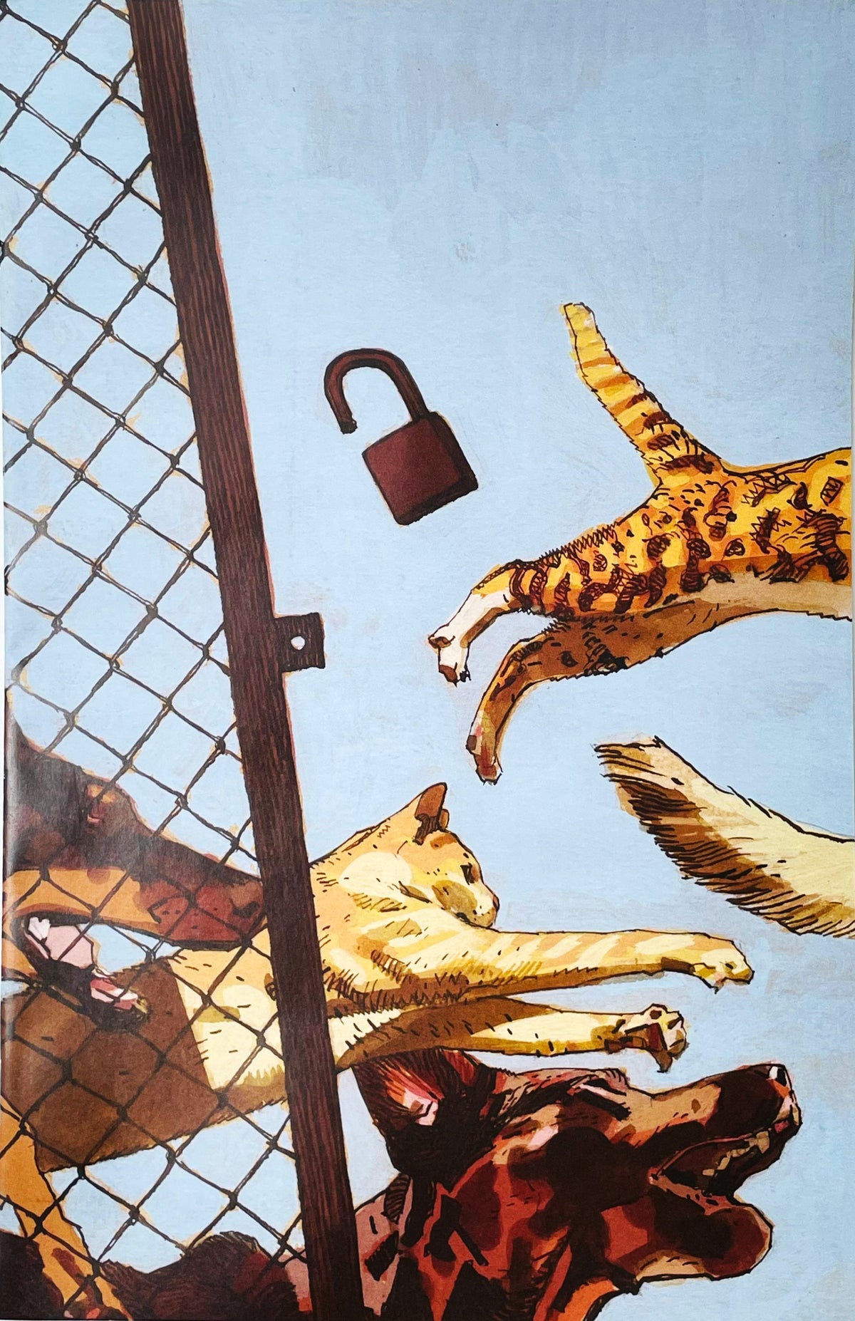Stray Dogs issue 1 comic book published by Image Comics featuring Tone Rodriguez virgin variant cover art of dogs and cats leaping through an opened padlock gate.