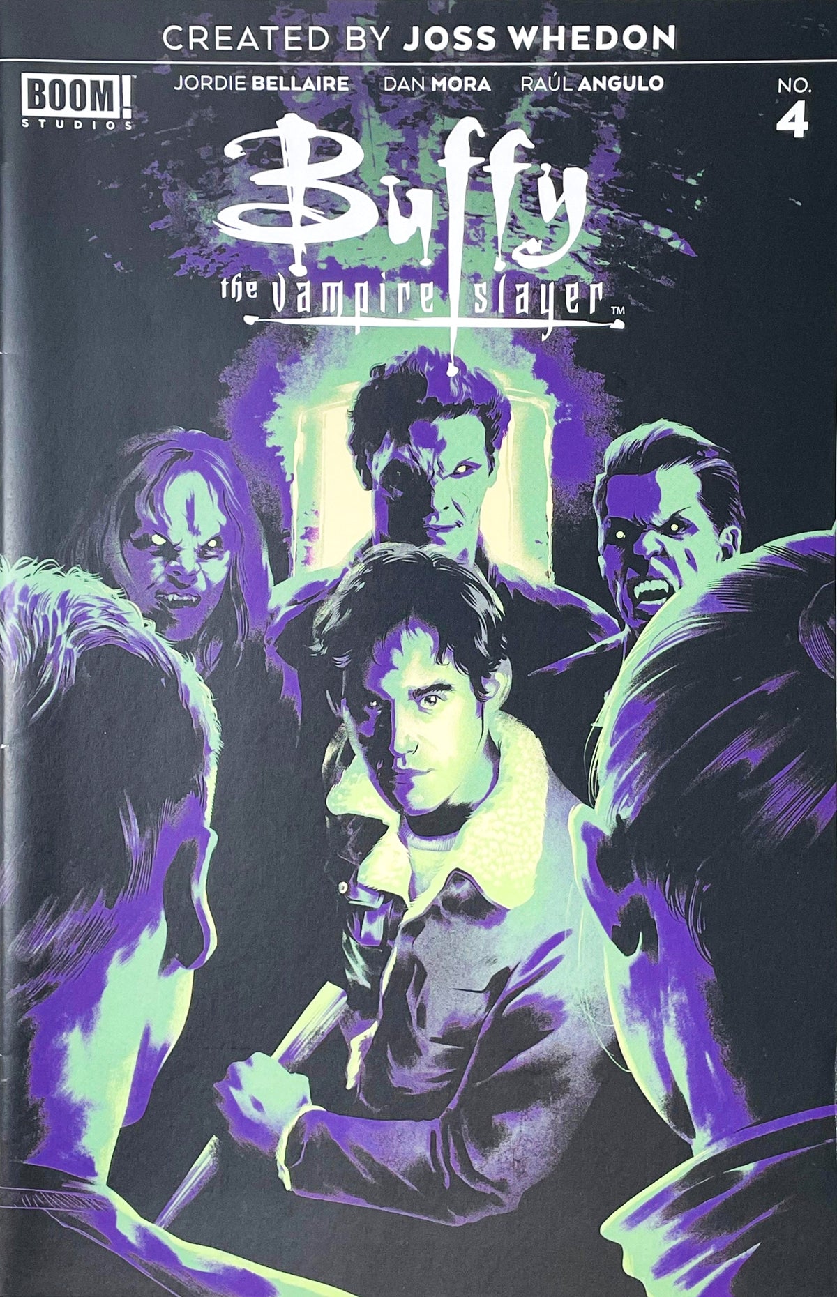 Buffy the Vampire Slayer issue 4 comic book published by BOOM Studios featuring Dan Mora cover art of Xander Harris surrounded by glowing purple vampire figures.