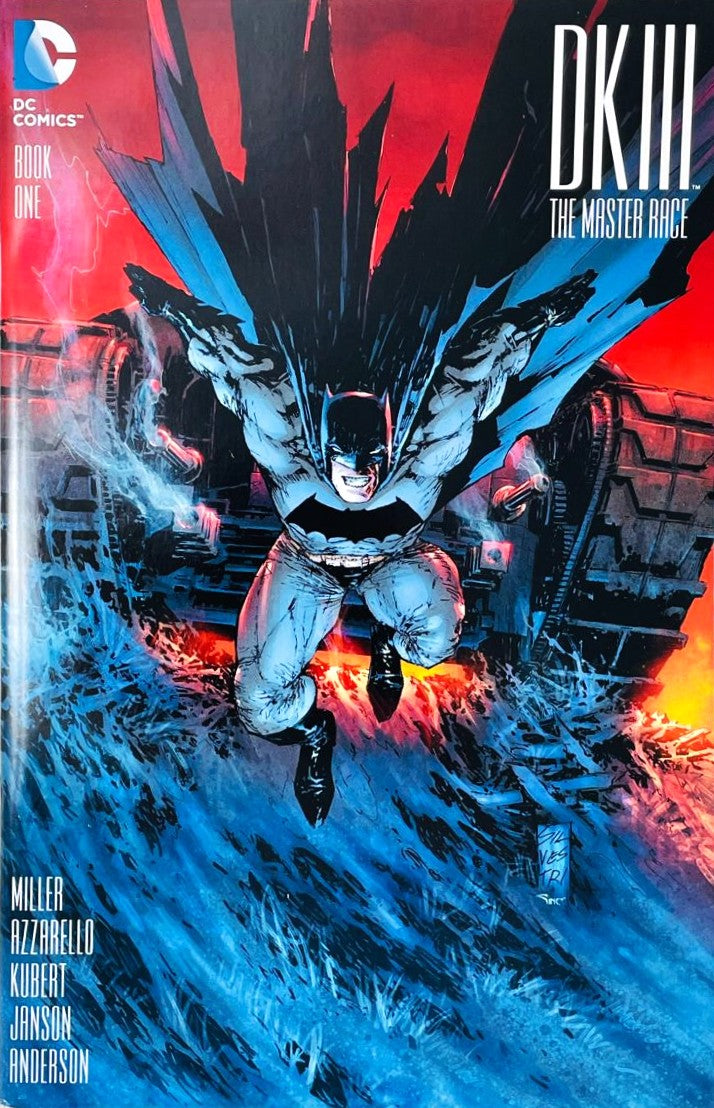 Dark Knight III The Master Race issue 1 comic book published by DC Comics featuring Marc Silvestri Midtown Comics variant cover art of Batman leaping in front of a Batmobile tank.