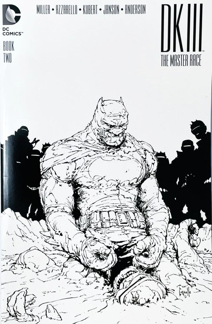 Dark Knight III The Master Race issue 2 comic book published by DC Comics featuring Greg Capullo 1:25 black and white variant cover art of Batman kneeling in mud.