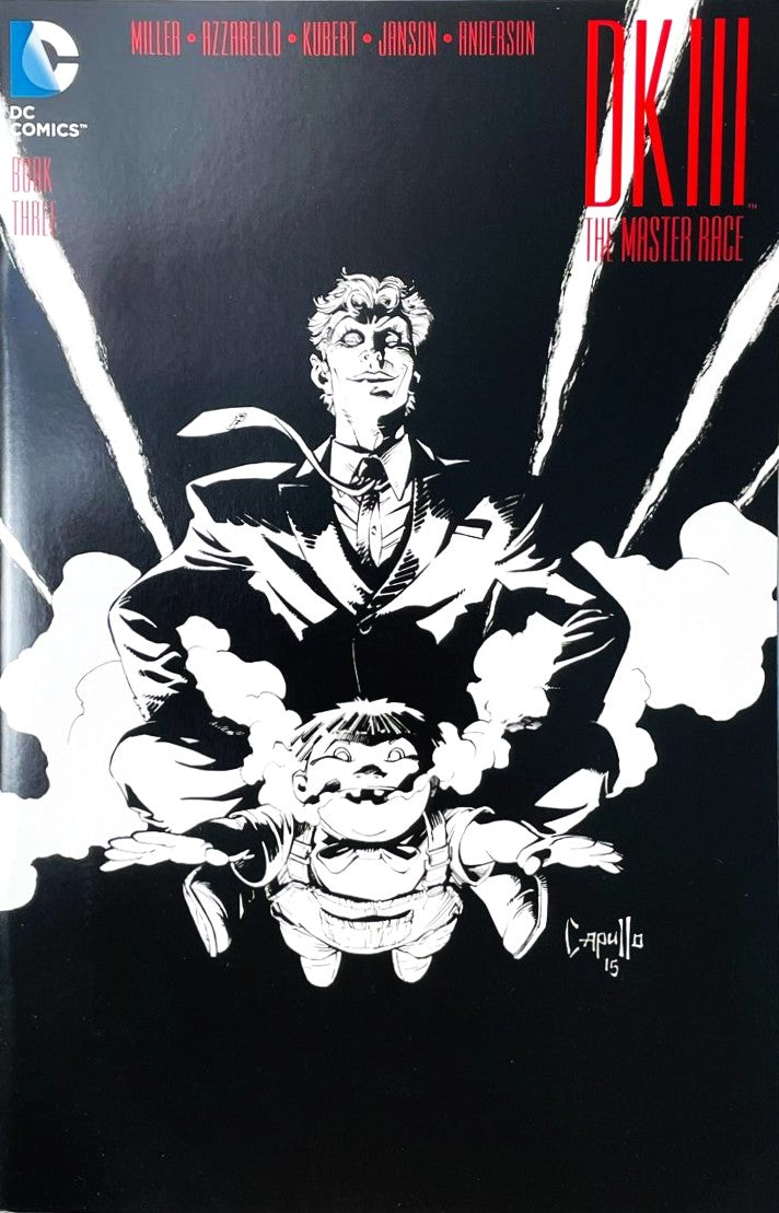 Dark Knight III The Master Race issue 3 comic book published by DC Comics featuring Greg Capullo 1:25 black and white variant cover art of The Joker standing in smoke.