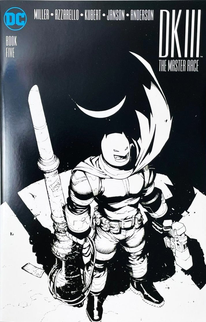 Dark Knight III The Master Race issue 5 comic book published by DC Comics featuring Greg Capullo 1:25 black and white variant cover art of armored Batman under a crescent moon.