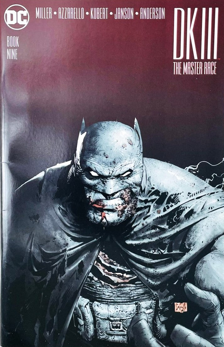 Dark Knight III The Master Race issue 9 comic book published by DC Comics featuring Greg Capullo variant cover art of a battle-damaged Batman.