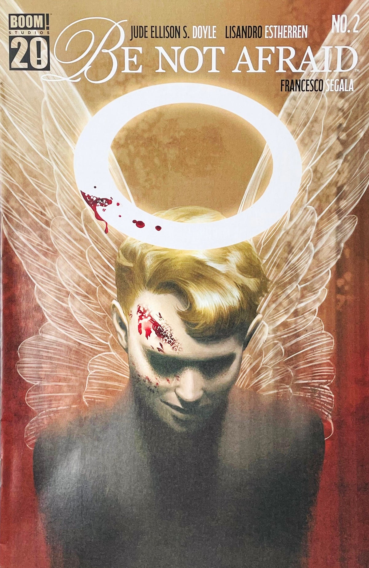 Maw issue 2 comic book published by BOOM Studios featuring Be Not Afraid variant cover art of a bloodied winged angelic figure with a floating halo.
