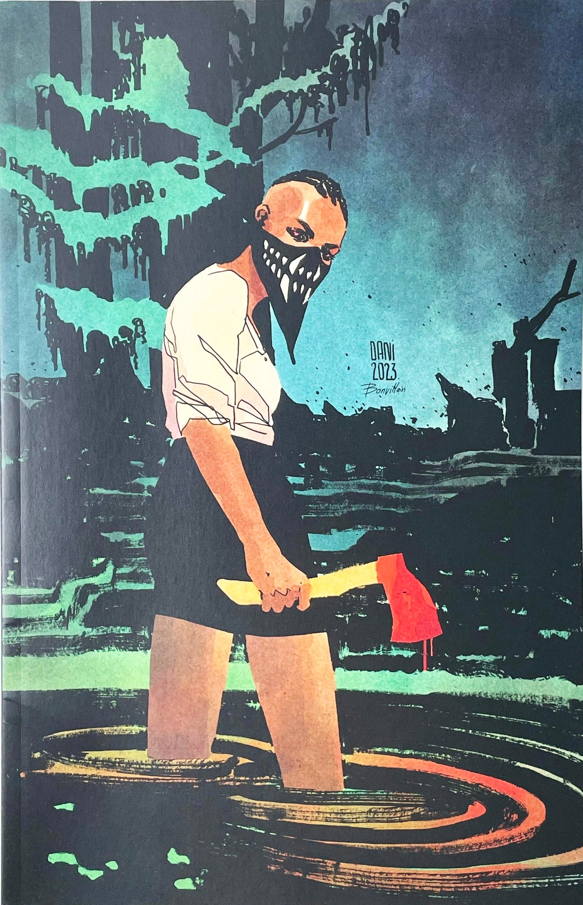 Something Is Killing the Children issue 31 comic book published by BOOM Studios featuring Dani virgin variant cover art of Erica Slaughter holding a hatchet in swamp water.