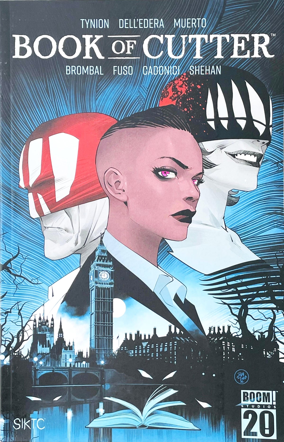Book of Cutter issue 1 comic book published by BOOM Studios featuring Dan Mora cover art of Cutter and White Masks above the London skyline and an open glowing book.