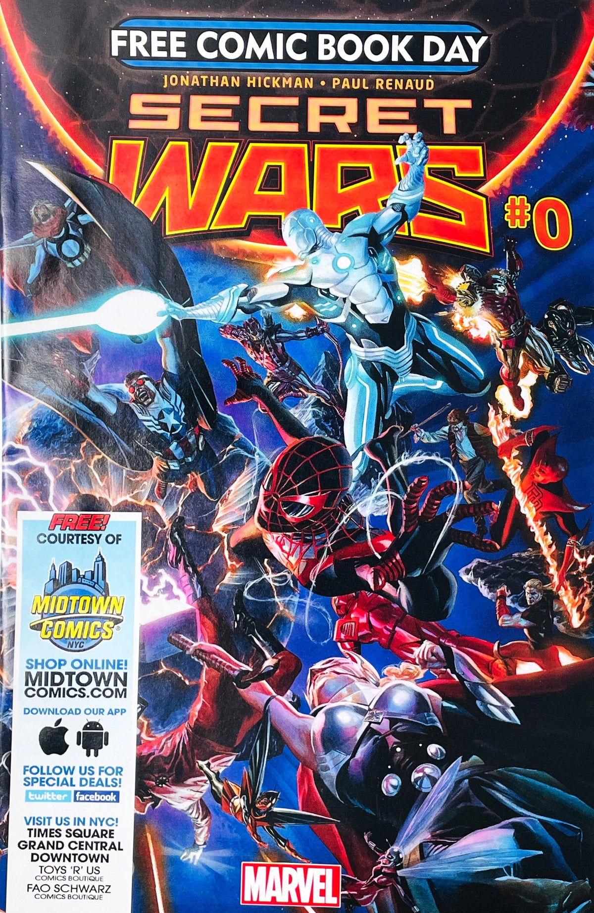 Free Comic Book Day Secret Wars issue 0 comic book published by Marvel Comics featuring Paul Renaud cover art of Miles Morales, Sam Wilson Captain America, and Thor in a cosmic multiverse battle with Midtown Comics promotional stamp.
