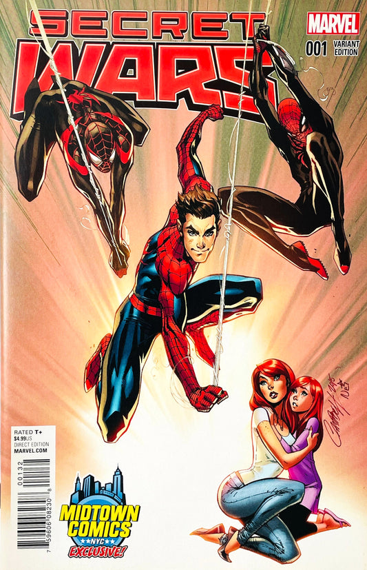 Secret Wars issue 1 comic book published by Marvel Comics featuring J. Scott Campbell Midtown Comics Exclusive variant cover art of Peter Parker, Miles Morales, Symbiote Spider-Man, Mary Jane, and Annie Parker.