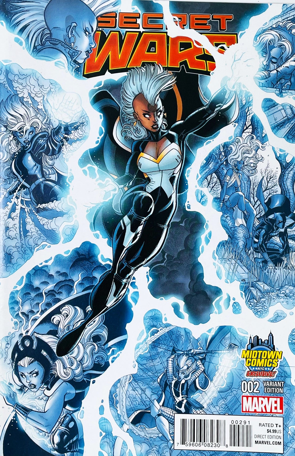 Secret Wars issue 2 comic book published by Marvel Comics featuring Midtown Comics Exclusive variant cover art of Storm summoning lightning surrounded by panels of her iconic costume eras.