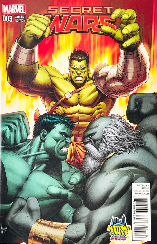 Secret Wars issue 3 comic book published by Marvel Comics featuring Harvey Tolibao Midtown Comics Exclusive variant cover art of Savage Hulk fighting Maestro while Skaar roars in the background against fire.