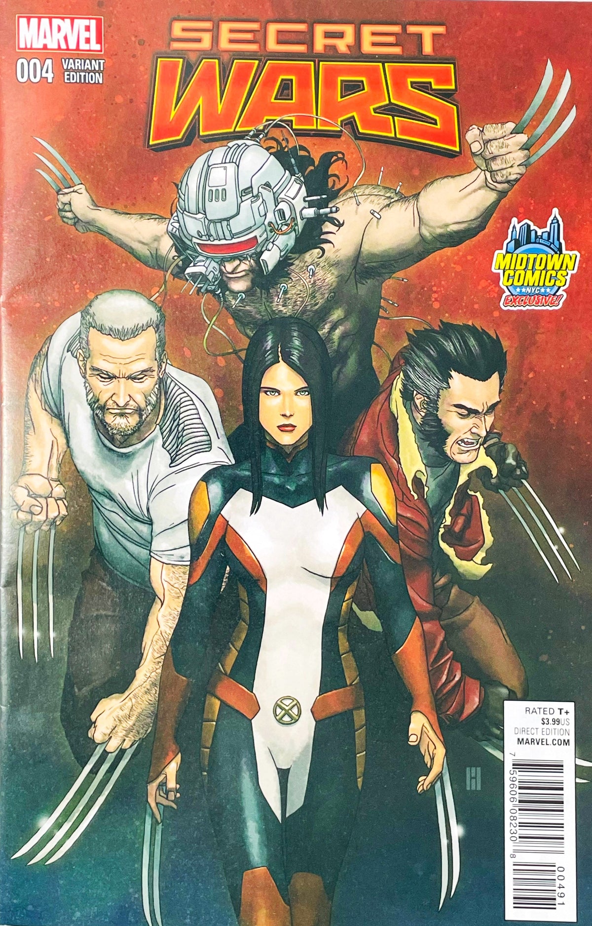 Secret Wars issue 4 comic book published by Marvel Comics featuring Midtown Comics Exclusive variant cover art of X-23 flanked by Old Man Logan, brown suit Wolverine, and Weapon X with popped claws.
