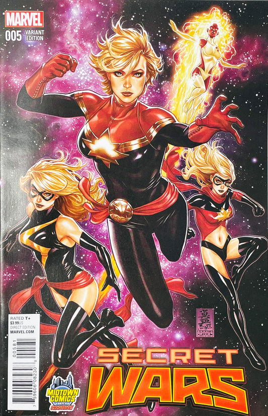 Secret Wars issue 5 comic book published by Marvel Comics featuring Mark Brooks Midtown Comics Exclusive variant cover art showcasing Carol Danvers as Captain Marvel, Ms. Marvel, Warbird, and Binary in space.