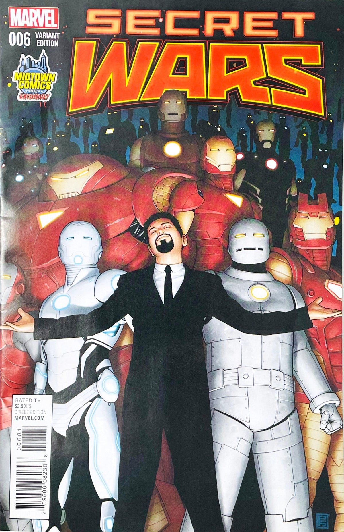 Secret Wars issue 6 comic book published by Marvel Comics featuring John Tyler Christopher Midtown Comics Exclusive variant cover art of Tony Stark in a suit standing in front of his Iron Man suits and Hulkbuster armor.