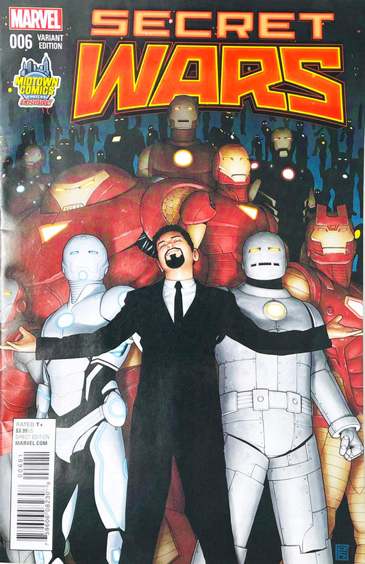 Secret Wars issue 6 comic book published by Marvel Comics featuring John Tyler Christopher Midtown Comics Exclusive variant cover art of Tony Stark in a suit standing in front of his Iron Man suits and Hulkbuster armor.