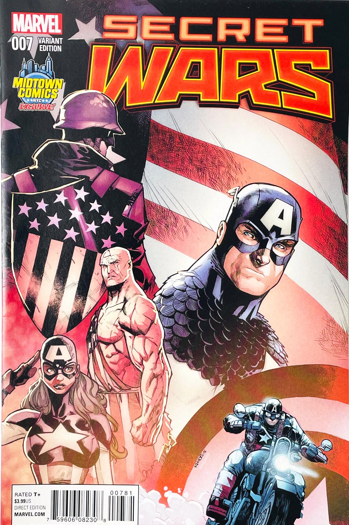 Secret Wars issue 7 comic book published by Marvel Comics featuring Humberto Ramos Midtown Comics Exclusive variant cover art of multiple incarnations of Captain America against an American flag backdrop.