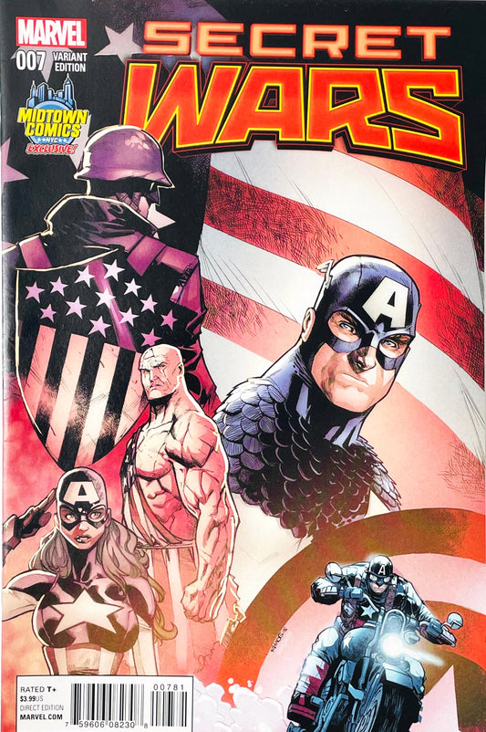 Secret Wars issue 7 comic book published by Marvel Comics featuring Humberto Ramos Midtown Comics Exclusive variant cover art of multiple incarnations of Captain America against an American flag backdrop.
