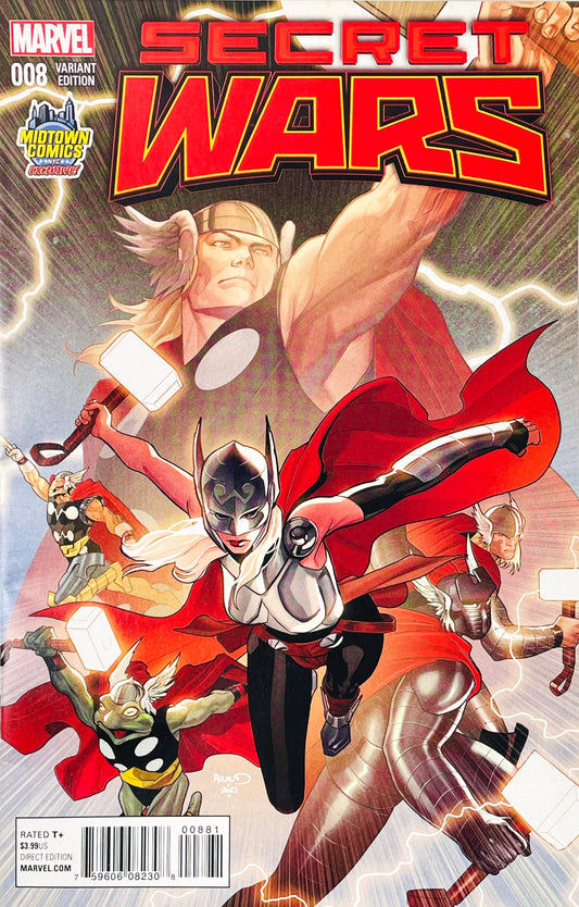 Secret Wars issue 8 comic book published by Marvel Comics featuring Paul Renaud Midtown Comics Exclusive variant cover art of Jane Foster Thor surrounded by Thor Corps members including Beta Ray Bill and Throg.