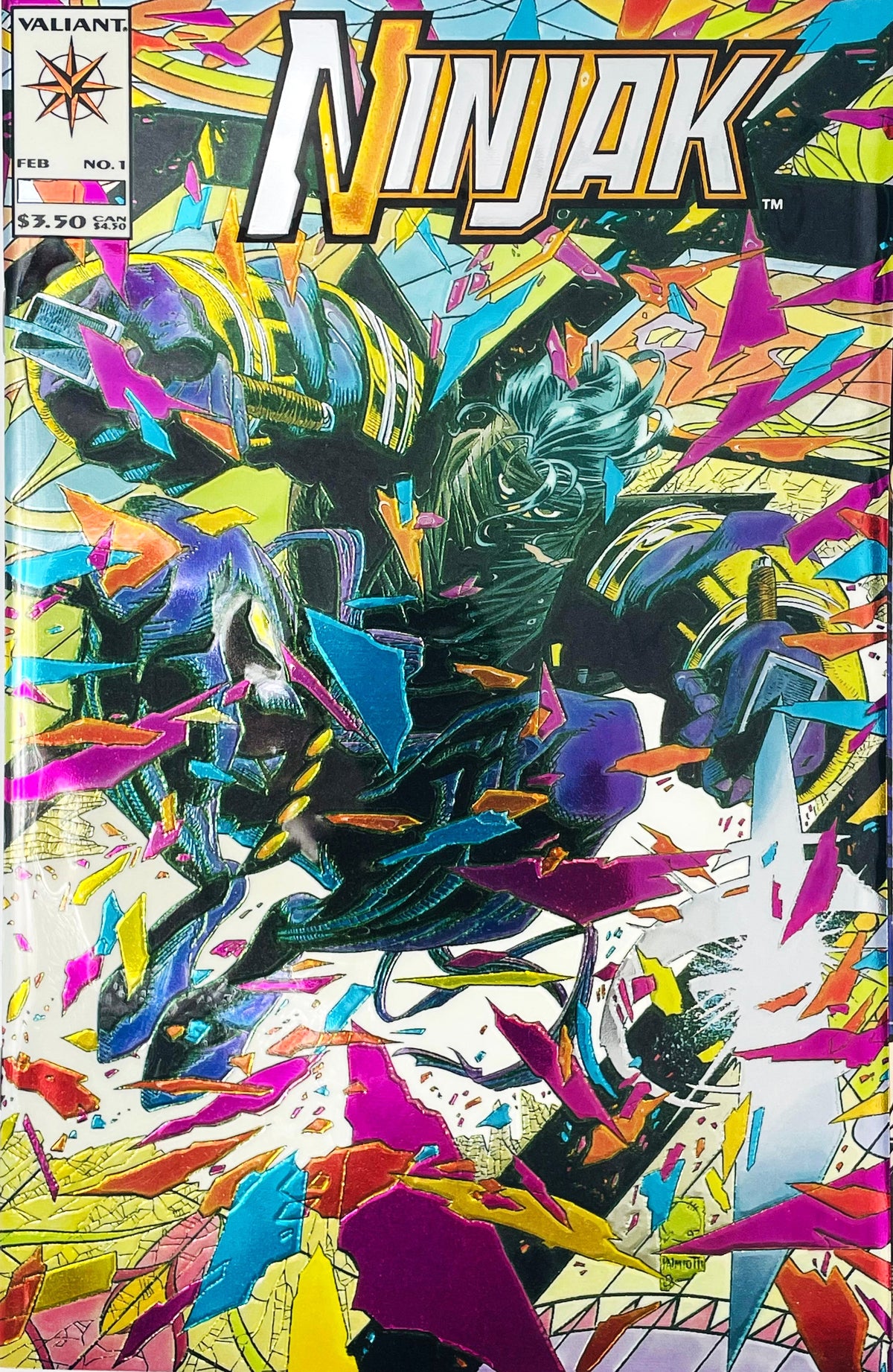 Ninjak issue 1 comic book published by Valiant Comics featuring Joe Quesada metallic foil cover art of Ninjak bursting through shattered colorful glass.