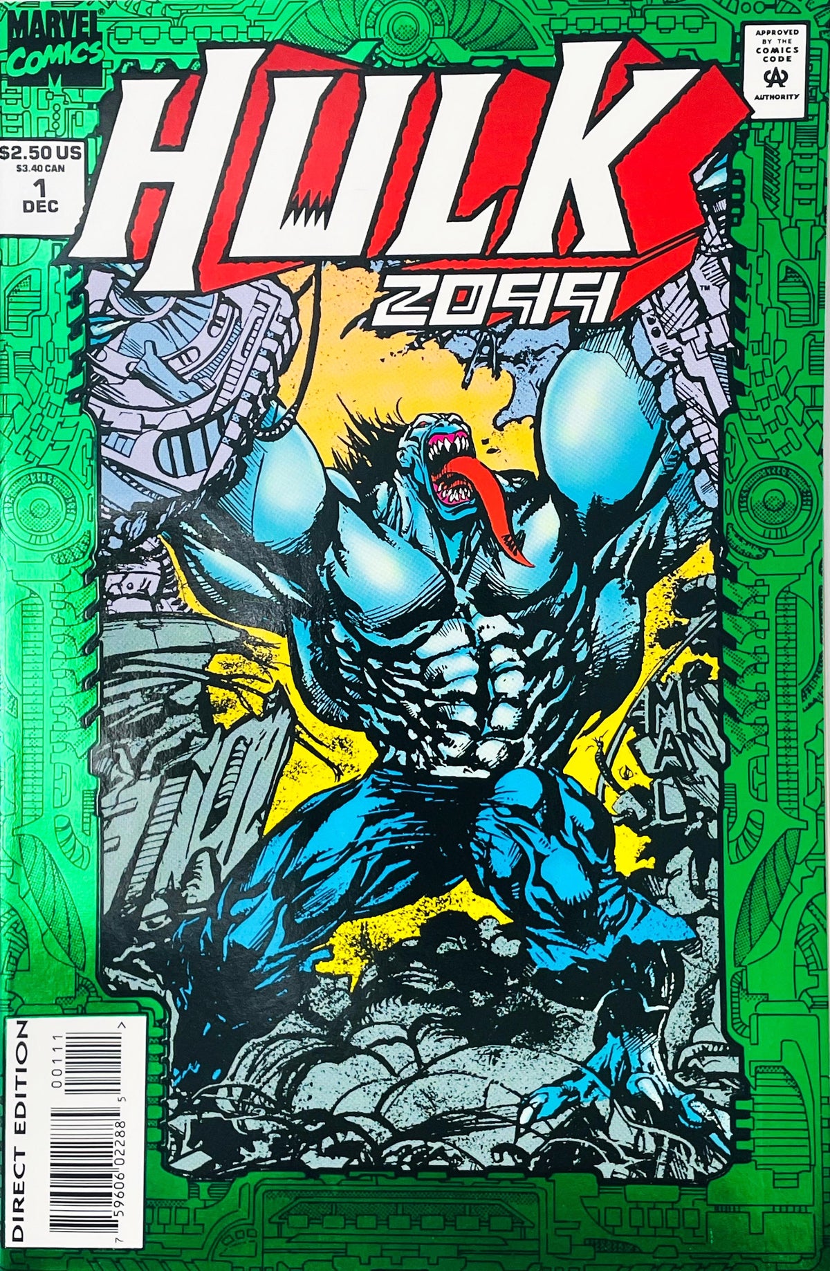 Hulk 2099 issue 1 comic book published by Marvel Comics featuring Malcolm Davis cover art of monstrous Hulk 2099 with green foil circuit board frame border.