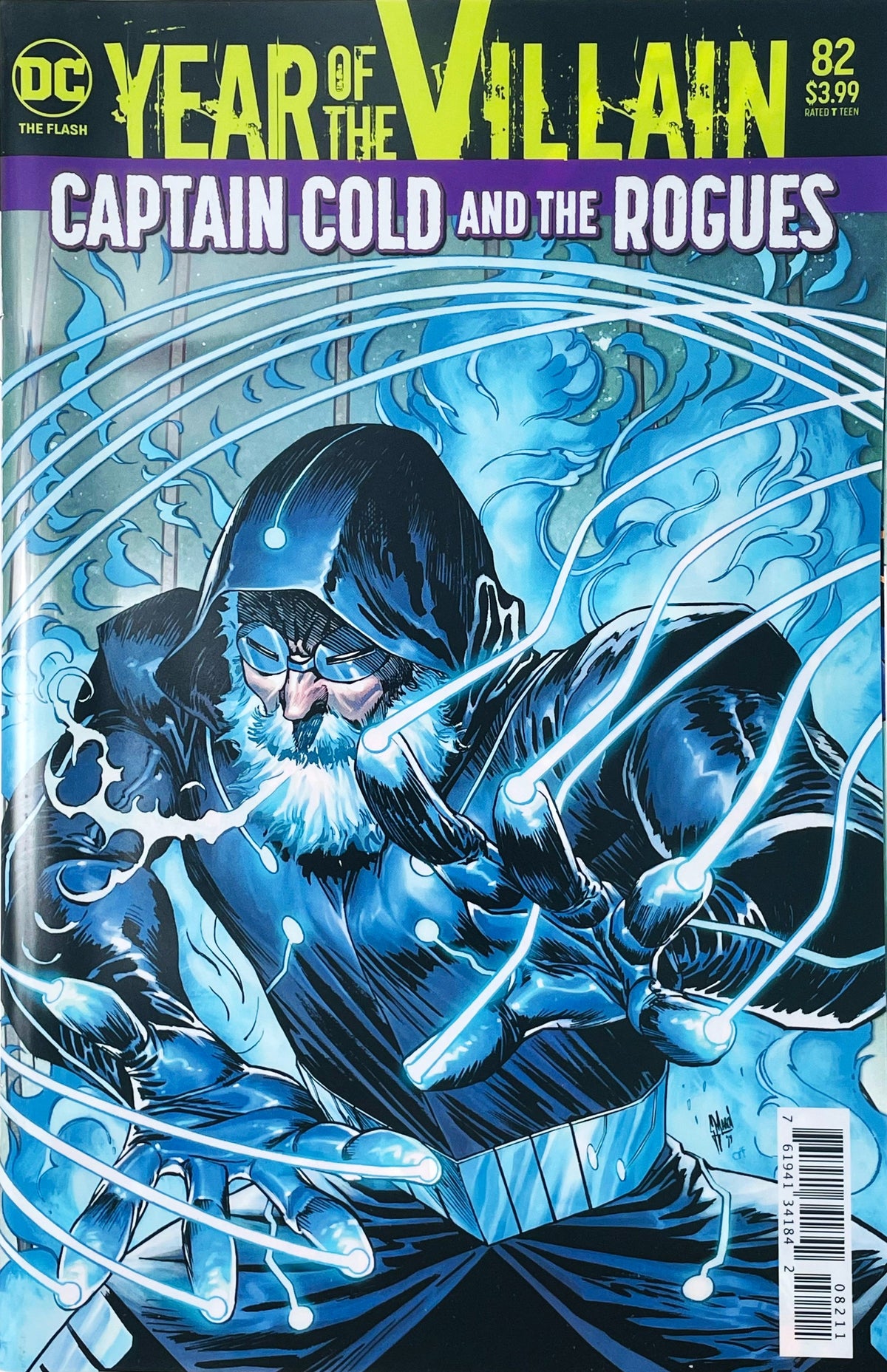 The Flash issue 82 comic book published by DC Comics featuring Year of the Villain variant cover art by Guillem March of Captain Cold surrounded by blue ice trails.